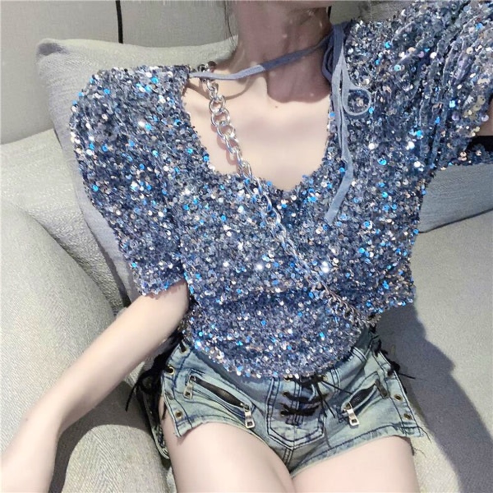 Silver Velvet Sequined Square Neck Crop Top